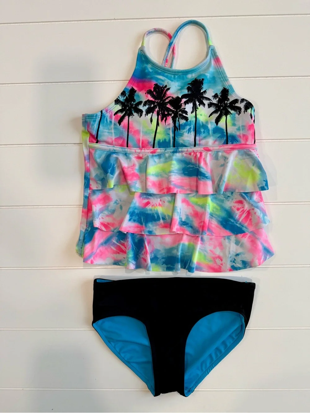 Justice Girls Neon Tie-Dye Ruffle Tankini Set - Blue, Pink, Black